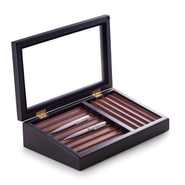 Bey Berk International Bey-Berk International R72 Pen Box with Hinged Glass Top; Black & Burgundy Wood R72
